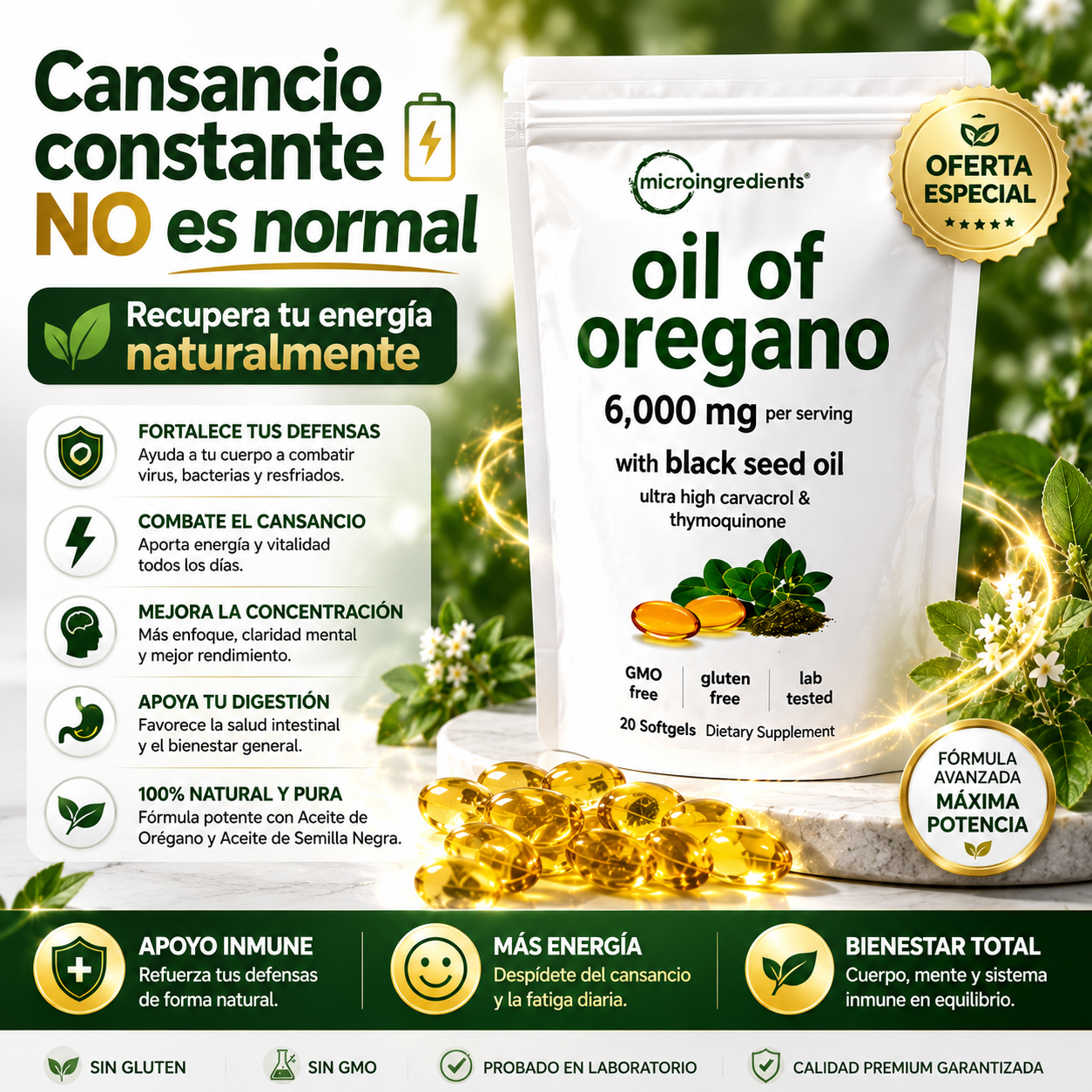 Aceite de Orégano 6000 mg x 30 Softgels - Sistema inmune y defensas