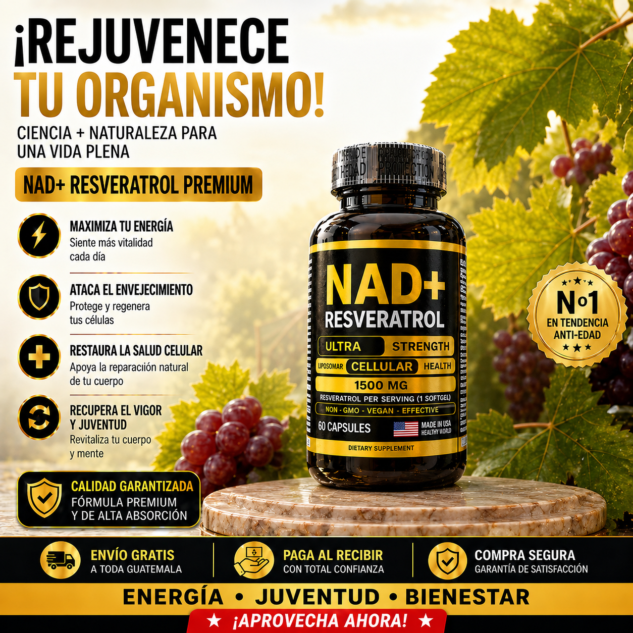 NAD+Resveratrol Premium 1500mg (60 Cápsulas)  🎁