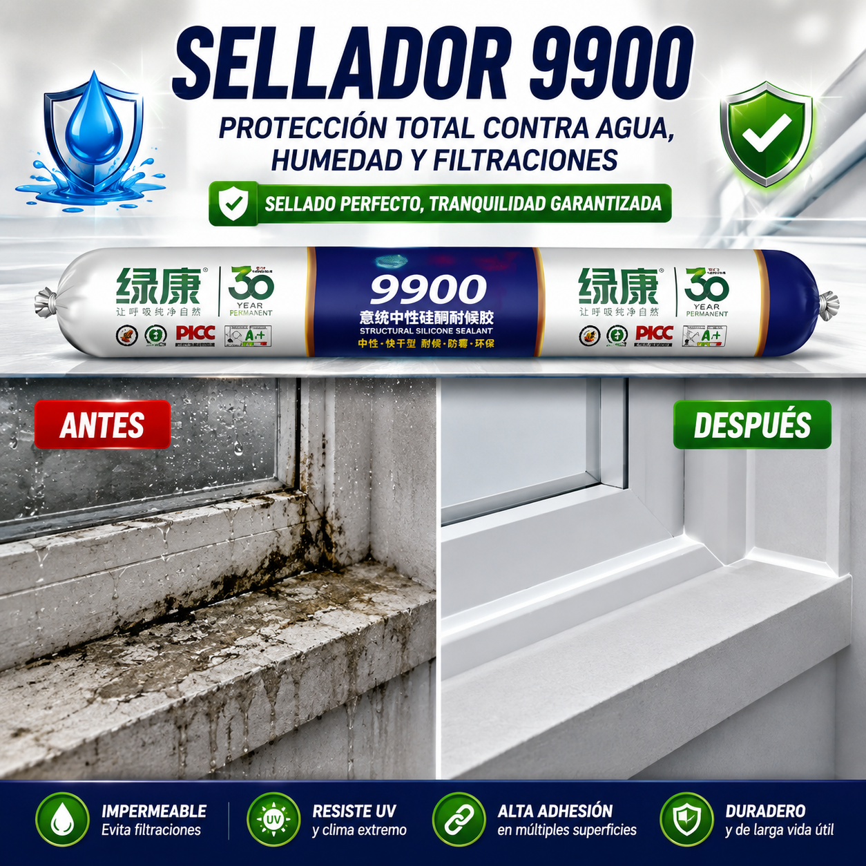 Sellador de Silicona Neutra 9900 Profesional 358g | Impermeable, Flexible y de Alta Resistencia