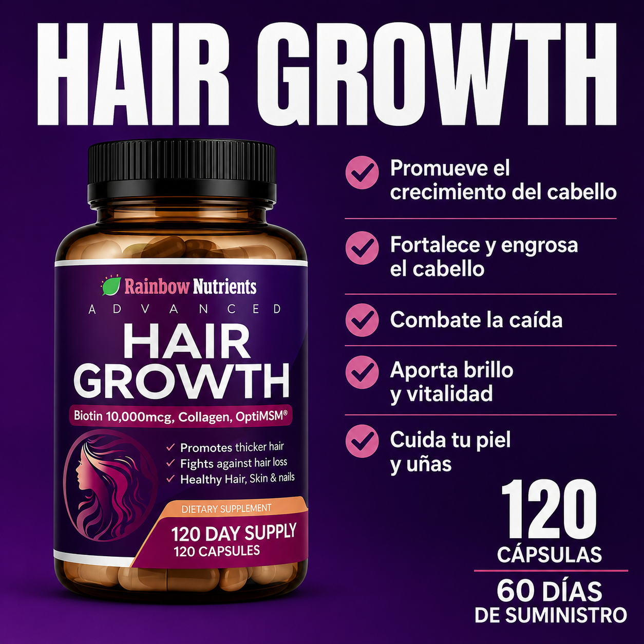 💜 Hair Growth - Vitaminas Capilares Premium 120 Cápsulas