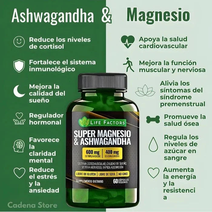 Super Magnesio 600mg + Ashwagandha 400mg | Pack Anti-Estrés y Sueño Reparador💊